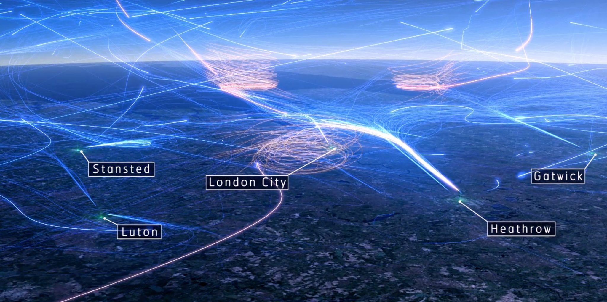 Heathrow’s holding stacks – three shown here in orange – provide a continuous stream of arriving air traffic