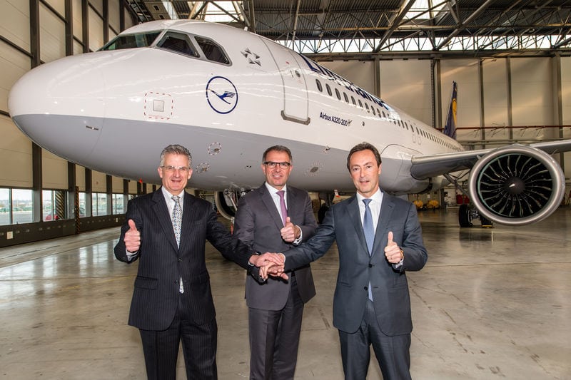 The Lufthansa Group, Airbus’ largest airline customer and operator, marked a major step in aviation history by taking delivery of the first A320neo on 20 January 2016. Left to right: Robert Leduc, Pratt & Whitney President; Carsten Spohr, Chairman of the Executive Board and CEO of Deutsche Lufthansa AG; and Fabrice Brégier, Airbus President and CEO