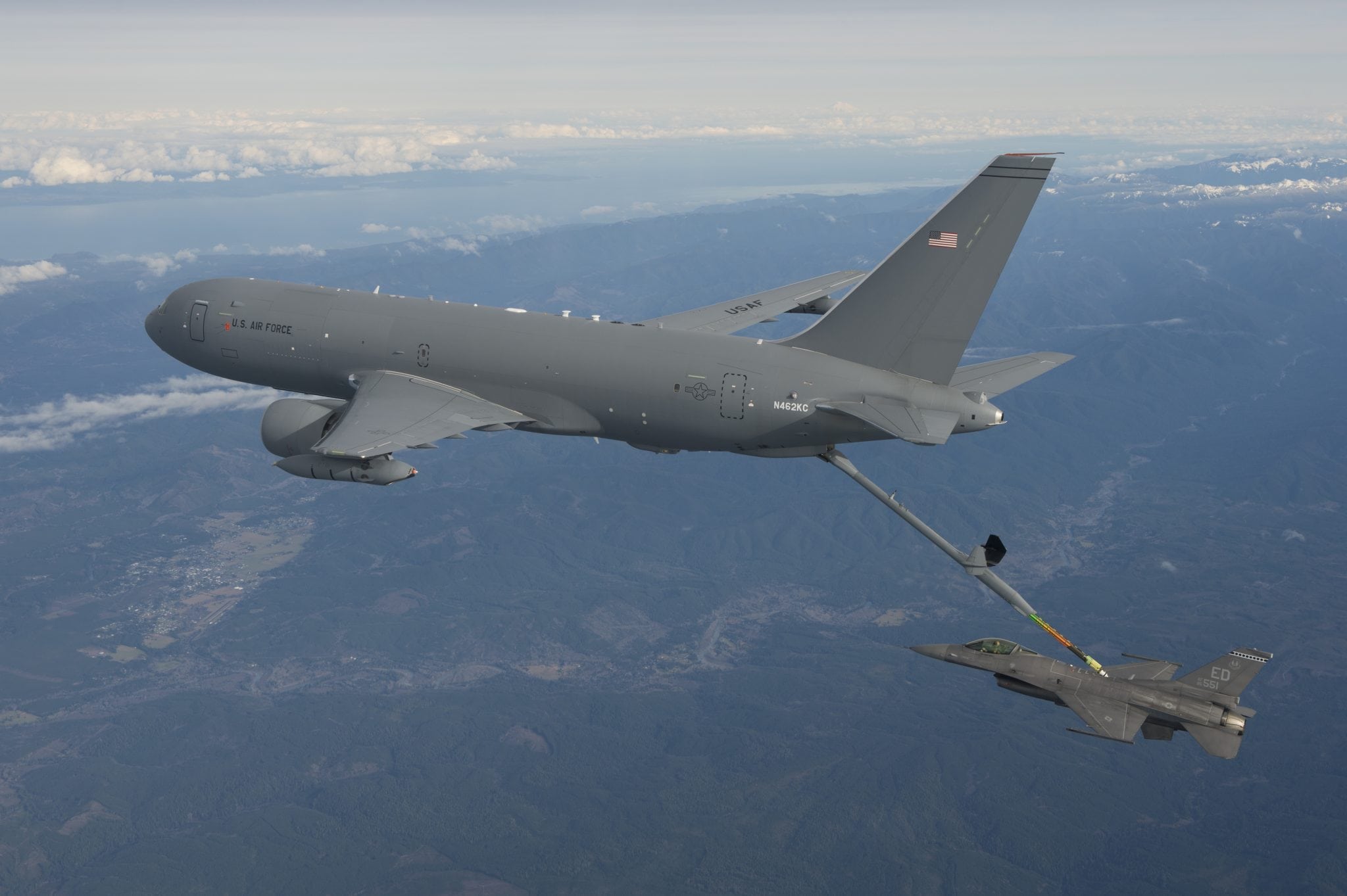 Boeing’s KC-46A refuels an F-16 in flight