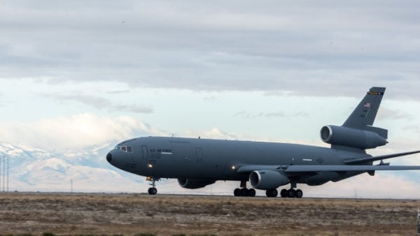 A KC-10 takes off at Mountain Home Air Force Base, Idaho, Dec. 3, 2016. The KC-10 is a multi-role ‘heavy’ aircraft used for transportation of personnel and equipment.(U.S. Air Force photo by Senior Airman Connor Marth/Released)