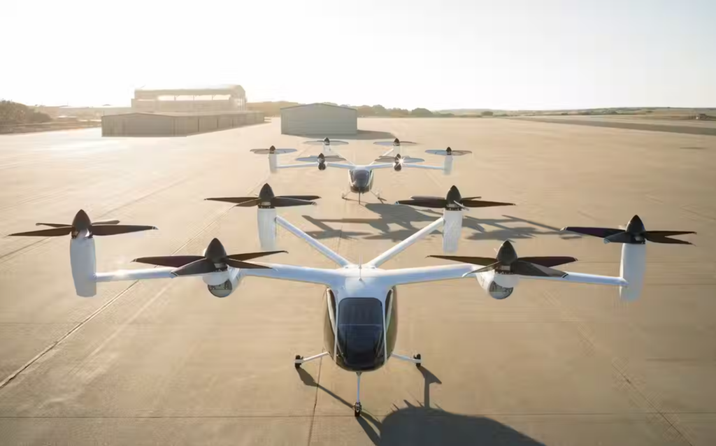 Joby’s pilot production line in Marina, California, with two of the company’s prototype aircraft. (Photo: Joby Aviation)