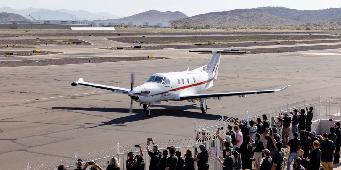 Honeywell in May 2023 successfully completed the first flight of its Honeywell Anthem integrated flight deck using Honeywell’s Pilatus PC-12 test aircraft. (Photo: Honeywell)